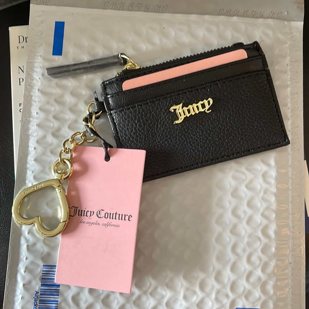 New Juicy Couture Black & Gold Card Case Key Fob Heart Wallet